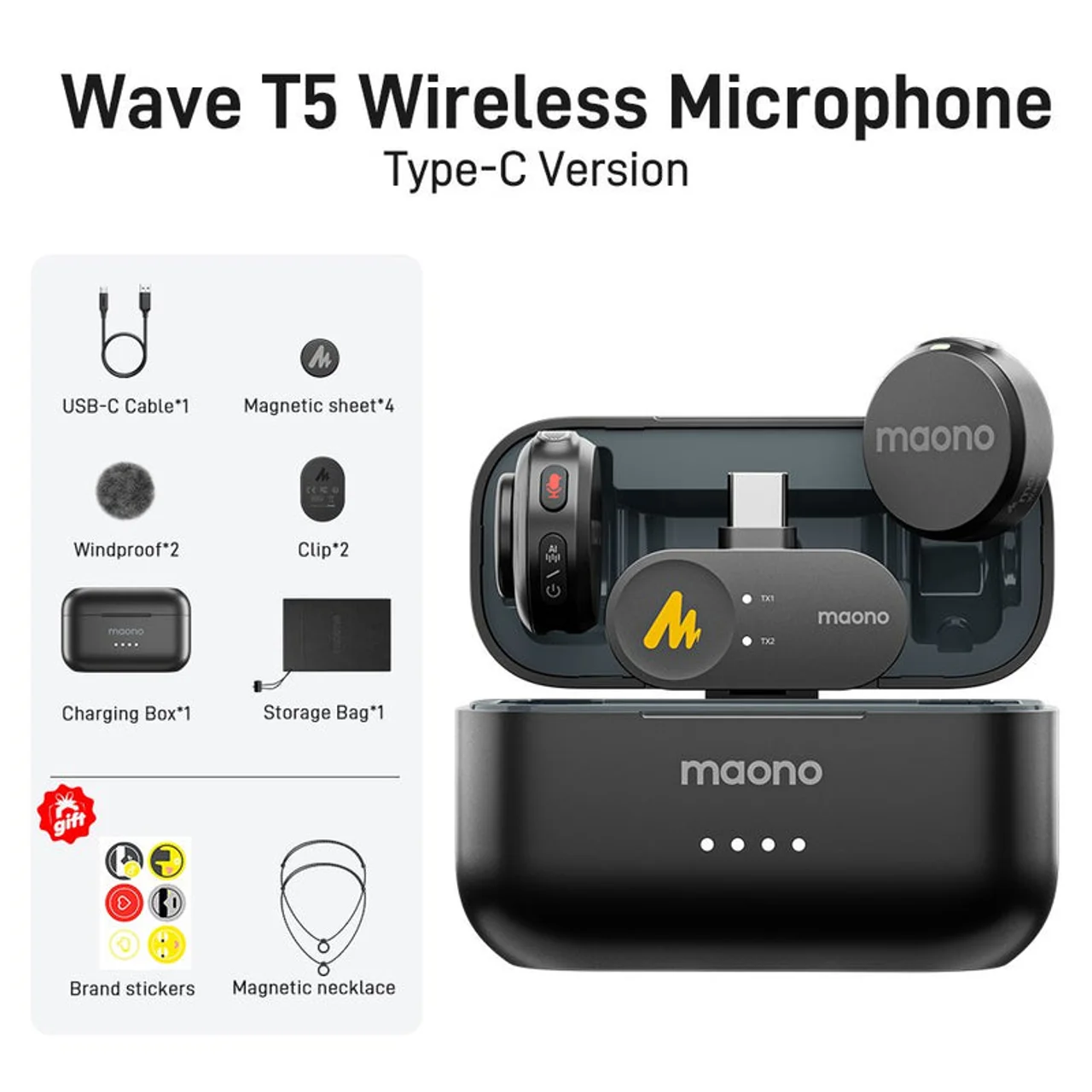 میکروفون یقه‌ای بی‌سیم مائونو مدلmaono Wave T5 WM650 PC2 نسخه Type-C با کیس شارژ
