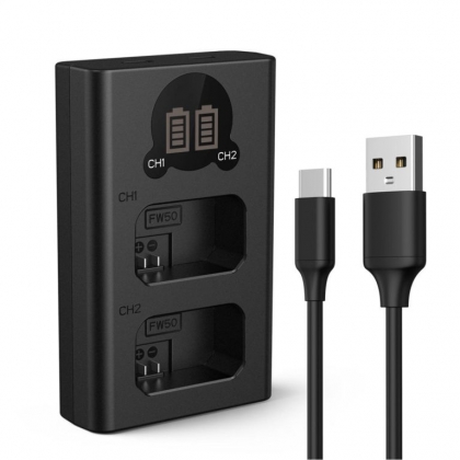 شارژر باتری دوبل باتری سونی NP-FW50 با صفحه نمایش LCD و کابل شارژ 